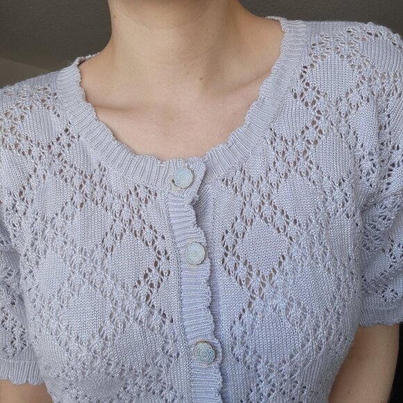 Vintage 70s pastel blue crochet short-sleeved button-up cardigan ✦ coastal grand - Picture 3 of 15